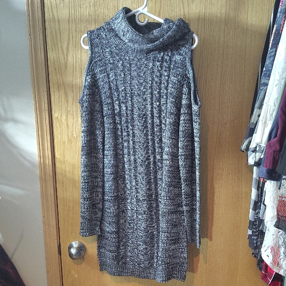 Cold-Shoulder Cable Knit Turtleneck Sweater Dress - Gray